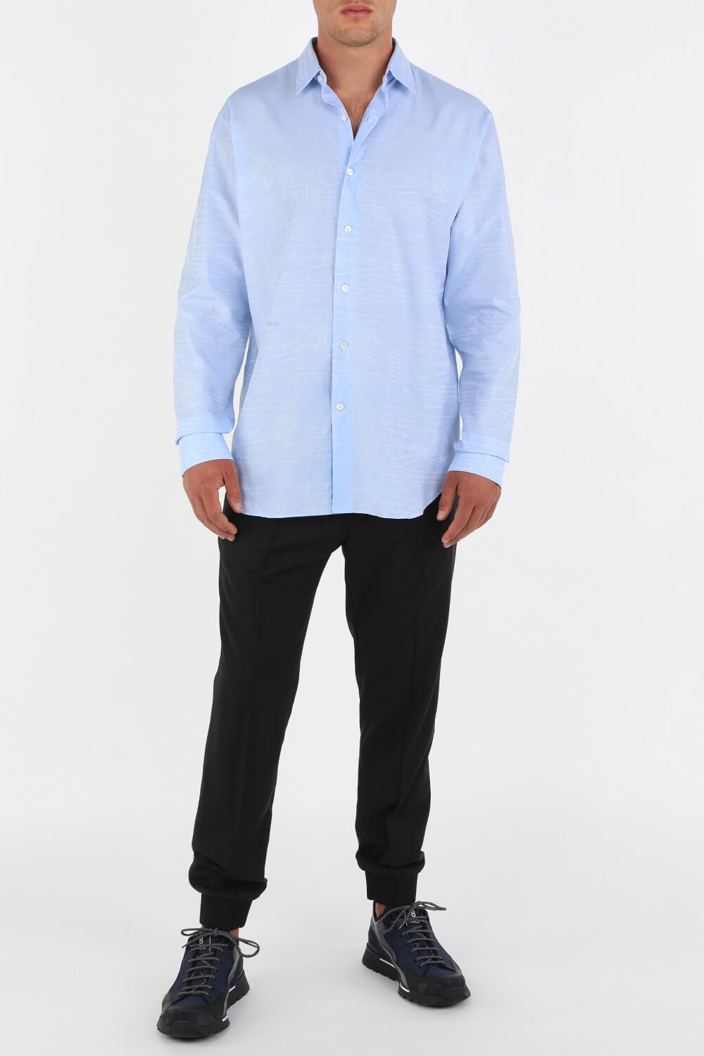 Caligraphic Print Button Down Shirt in Blue